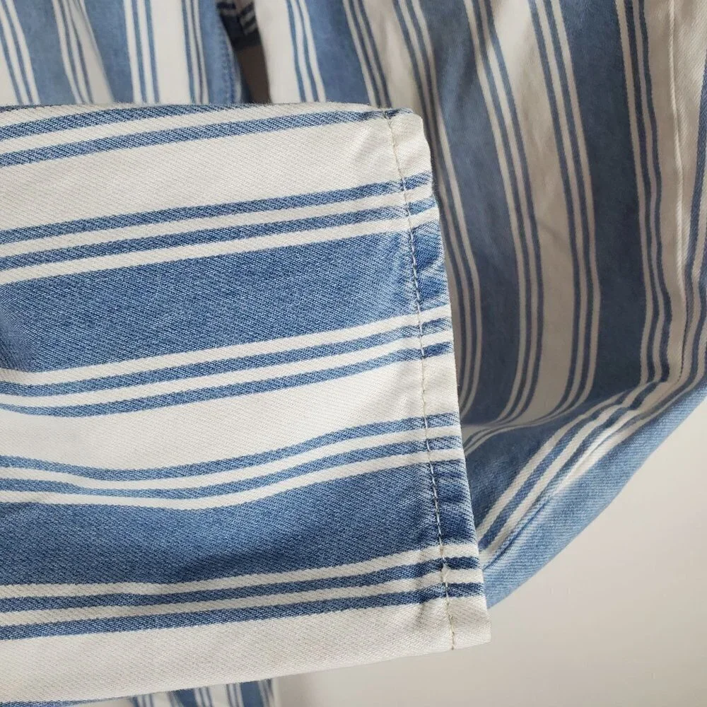 American Eagle 00 Mom Jeans High‎ Rise Blue White Striped Denim Preppy Coastal